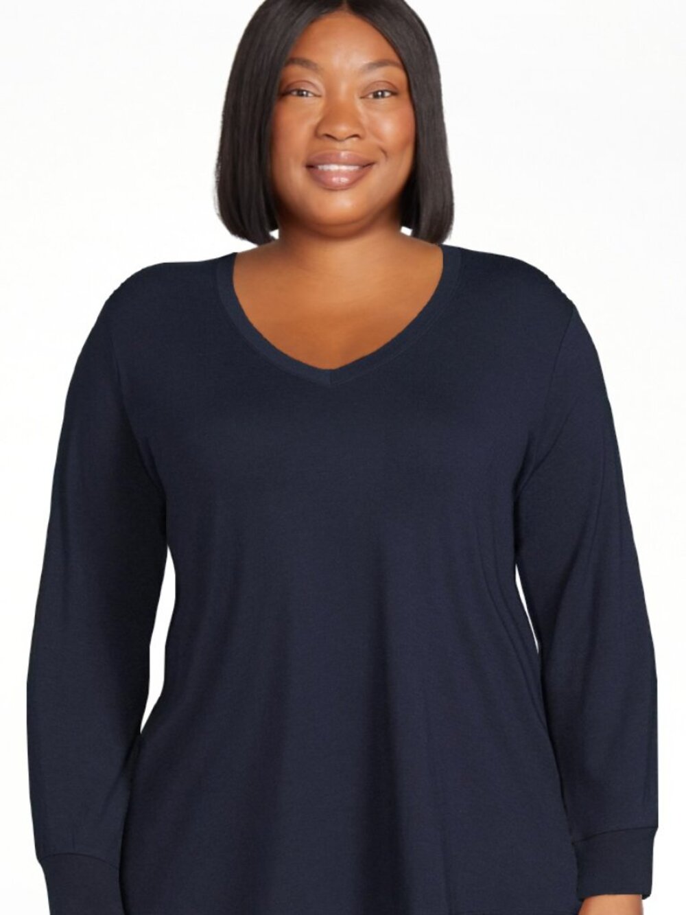 Plus Size 1XL Navy V-Neck Semi Fitted T-Shirt with Long Sleeves - Picture 4 of 4